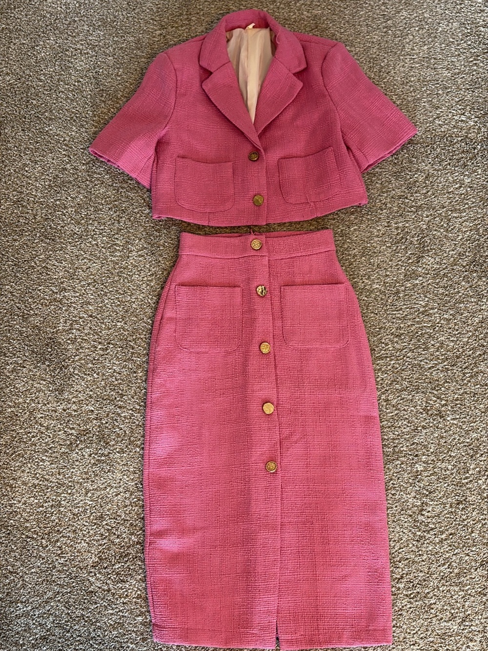 Pink Tweed Button-Front Pencil Skirt